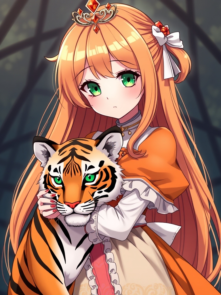 دختری با موهای نارنجی کم رنگ خیلی خیلی خیلی بلندش با چشم هایی سبز و لباسی به سبک پرنسس های قدیمی که رتگ لباسش نارنجی و سفید و مشکی بود با تاج کوچک با الماس های نارنجی داشت ببری راکه چشم های سبز دارد بغل میکرد19