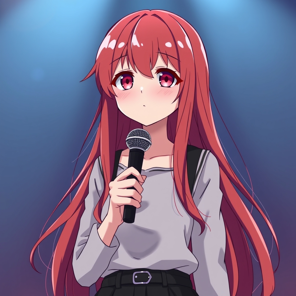 یک دختر با مو های قرمز بلد و چشم قرمز بلند در صحنه و میکروفون در دست و این دختر ۱۷ ساله است1