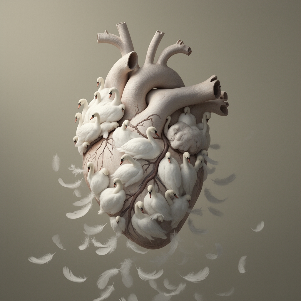 عکس از قلب انسان ساخته شده از قو که از آن پر قو میریزد. 0