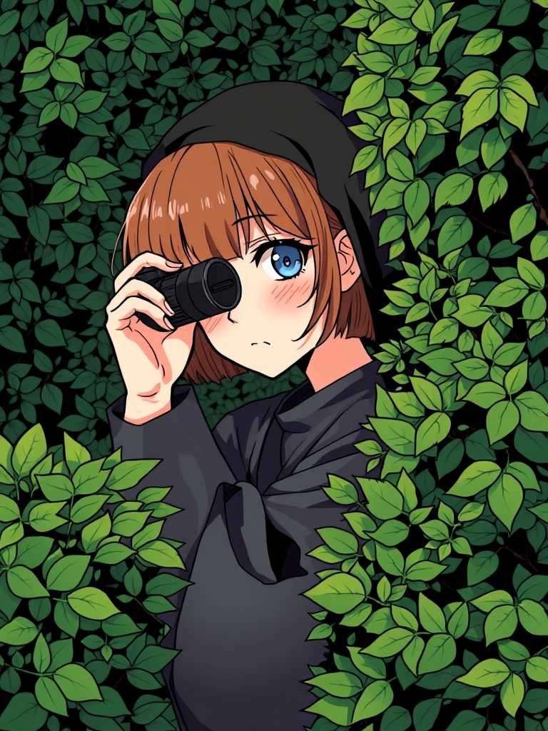 دختری با لباس خیلی تنگ مشکی با یک سرپوس مشکی چشم آبی و پشت یک گیاه شمشاد قایم شده و با دوربین شکاری دارد به چیزی نگاه میکرد مو هاش قهوه ای کوتاه بود
3