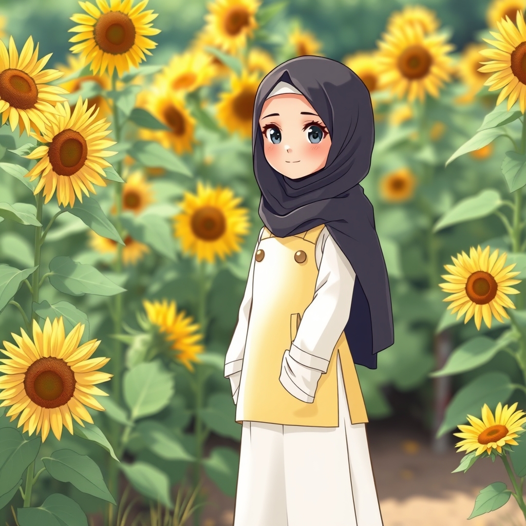 یک دختر خانم باحجاب ناز زیبا که ۱۰ سالشه با پیراهن دامن دار سفید و سارافون زرد با حجاب کامل در یک باغ آفتاب گردان0
