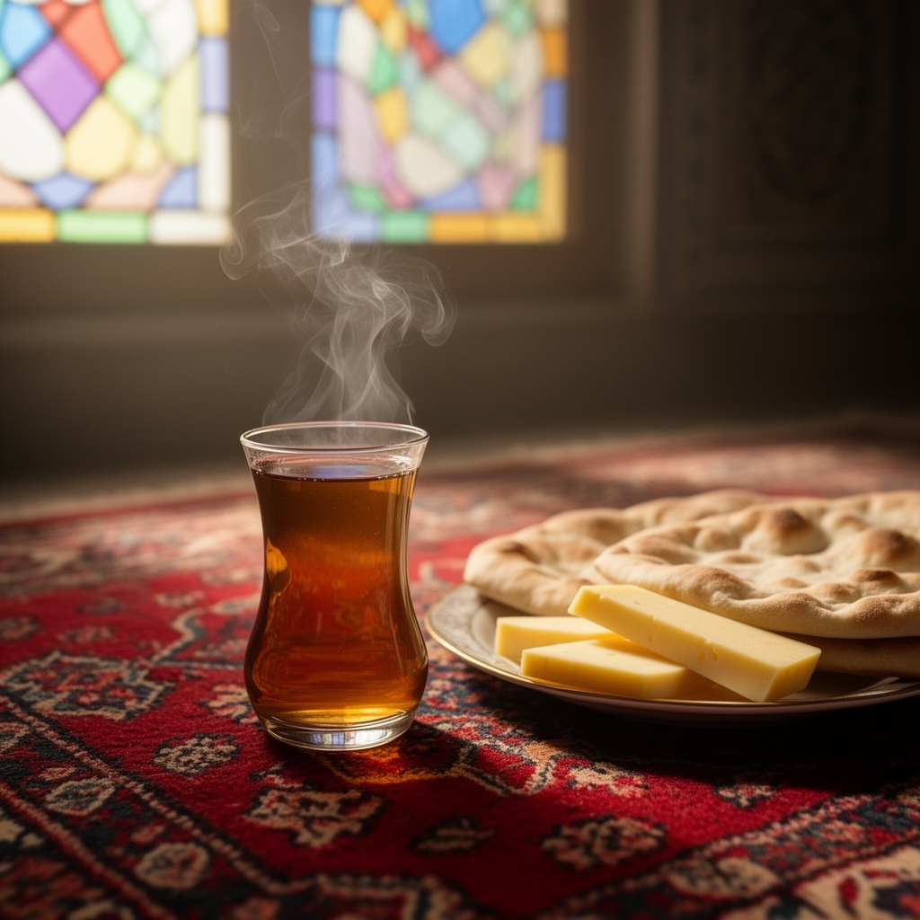 یک استکان چای کمر باریک روی فرش لاکی ایرانی، بخار داغ چای، نان سنگک تازه و پنیر کنار آن، نور ملایم صبح که از پنجره رنگی میتابد، حس نوستالژیک.0