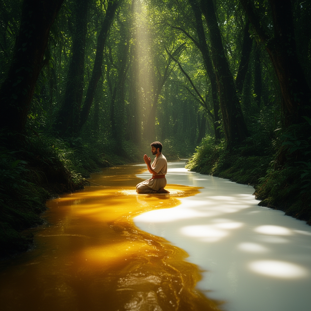 یک جنگل بسیار سرسبز و درختان بلند با رودی که از اون عسل جاری هست و یه رودی که کنار اون هست ولی با فاصله از شیر پر شده و یه مرد زیبا که در حال نماز در بین اون دو رود هست 5