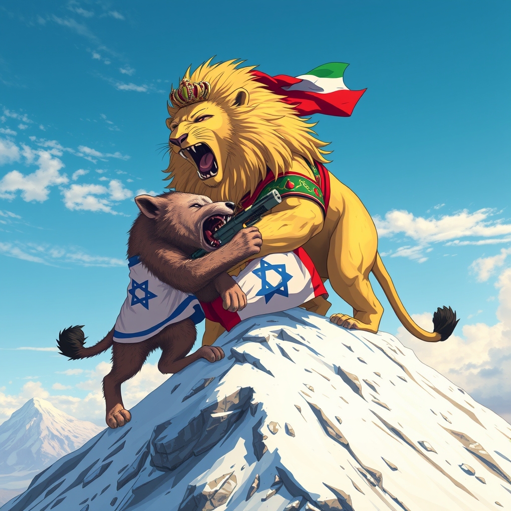 یک شیر ایرانی با لباس ایرانی که دارد یک کفتار اسرائیلی با لباس اسرائیلی را پشت قله دماوند پاره پاره می‌کند و ایران پیروز شده است

6