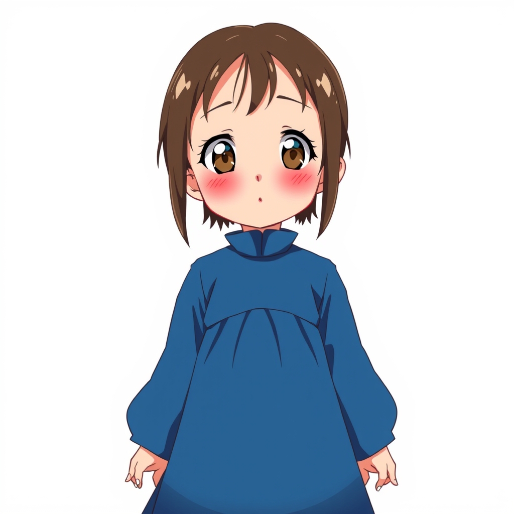 یک دختر بچه با لباسی آبی و چشمانی قهوه این رنگ است. با گونه های سرخ و لبهای قرمز . به صورت انیمه ای18