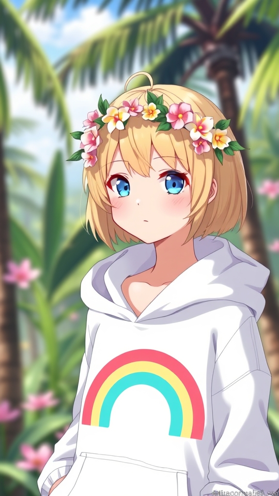 دختری با موهای کوتاه طلایی چشم های آبی لباس هودی سفید که روش رنگین کمان داره و یک تاج از گل دارد و در بهشت است 3