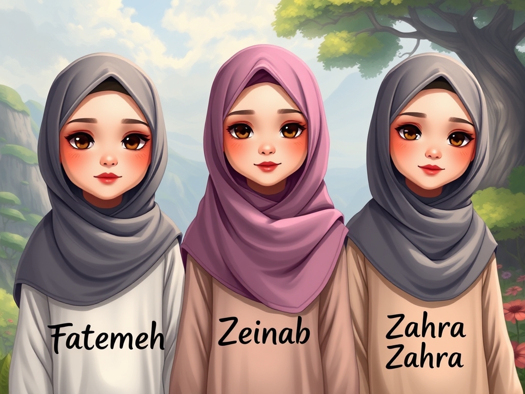 سه دختر زیبا و محجبه که خیلی زیبا هیتند با لب های قرمز و گونه های صورتی ملیح دارند وچشمان انها قهوه ای است که اصلا مو هایشان معلوم نیست. دختر اولی فاطمه نام دارد نام او روبه رویش نوشته شده است، و دختر بعدی که وسط ایستاده است زینب نام دارد که نام خودش روبه رویش نوشته شده است و دختر بعدی که قد او کمی از همه بلند تر است زهرا نام دارد که نامش رو به رویش نوشته شده انها در مکان زیبایی ایستاده اند12