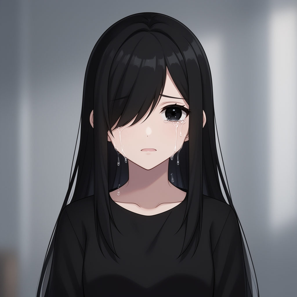 دختری با موهای سیاه که موهاش روی یکی از چشاش افتاده و لباسی سیاه پوشیده با چشم های سیاه که داره گریه میکنه0