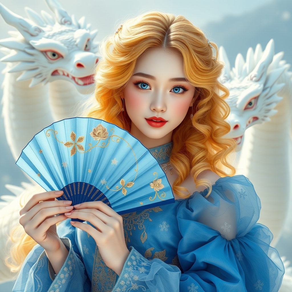 دختره جوان زیبا ترین بانوی جهان از کره وگرفته تا انگلیس آمریکا همینطور در هوش مصنوعی رویایی با موهای بلند حالت دار زرد براق درخشان که از خود نور میدهد وچشم درشت که مردمک دریا و اقیانوسی باشد و با پوستی سفید همرنگ صاف پاک هیچ کلی و بسیار نرم نرم تر از ابریشم سفیدیش بیشتر برف با گونه قرمز لبی سرخ با لباس پفی خیلی زیبا ابی پفی با جواهر دوری شده پر نقش های سلطنی که به لباس زیبایی میبخشد و در جایی که زیبایی دنیای خواب درارد و چند اژدها سفید بزرگ پشت سر ش است رقصیدی باشک، و یک بادبزن ابی پر از گل های طلایی و ابیش ترکیبی از ابی کمرنگ پرنرگ است با پر از براق کننده که بادبزن زیباتر میکند اون دختر بادبزن باز کرده و در نصف صورتش کرفته15