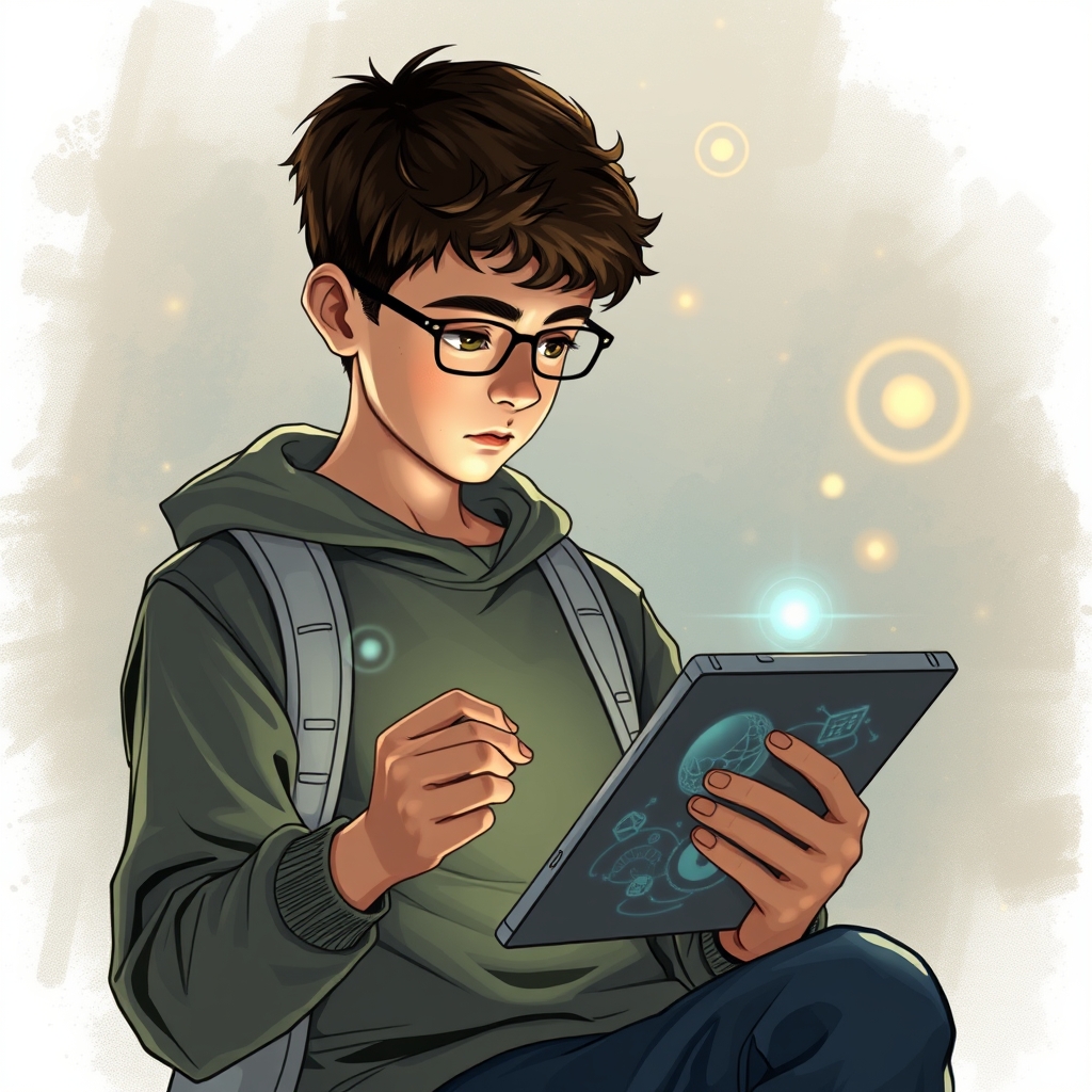 تصویر پسر دانش آموزی که دارد با تبلت خود درباره ی AI تحقیق میکند5