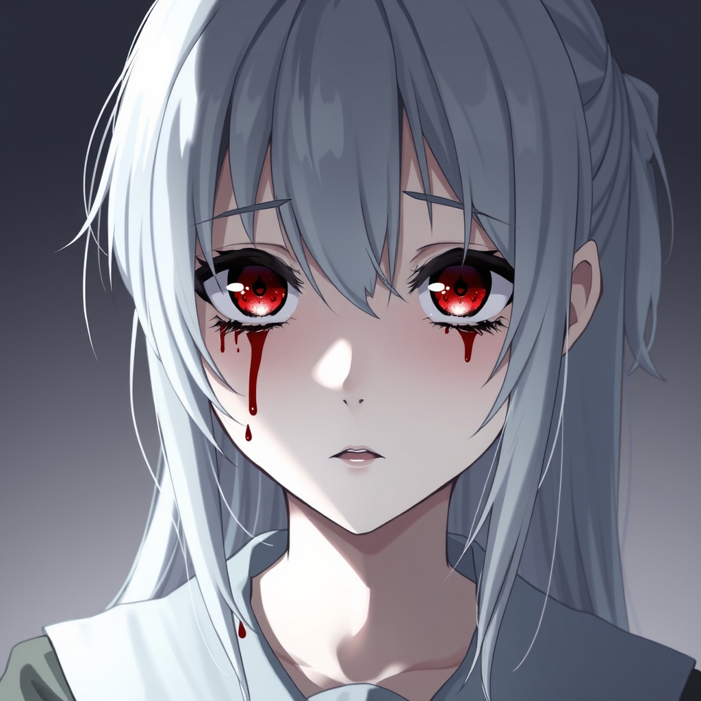 دختری با مویی نقره ای و چشمانی قرمز که قطرات خون از چشمانش به جای قطرات اشک جاریه و روی دو چشمانش علامت نفرینی قرار دارد. 21