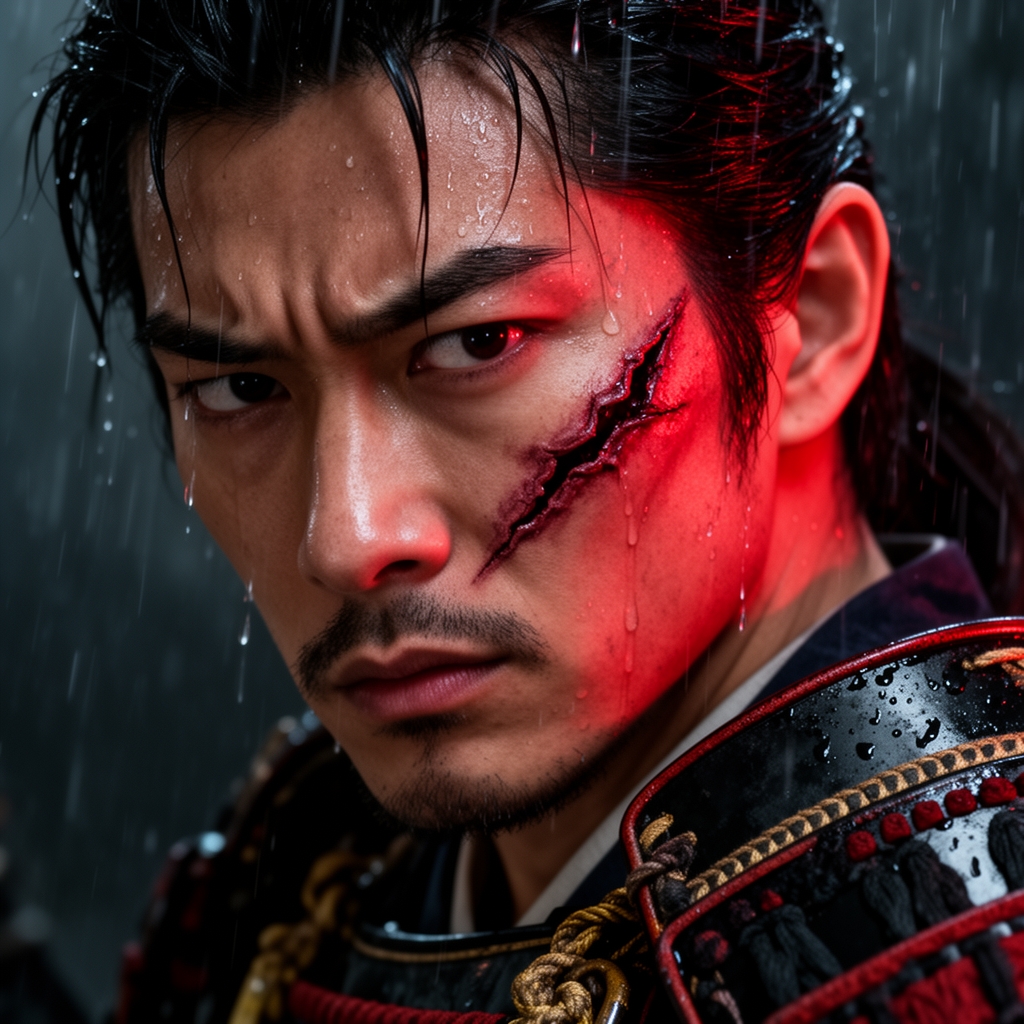 نمای نزدیک از چهره یک سامورایی انیمه با زخم روی صورت و نگاه جدی، باران شدید، نورپردازی دراماتیک قرمز، جزئیات بالا.1