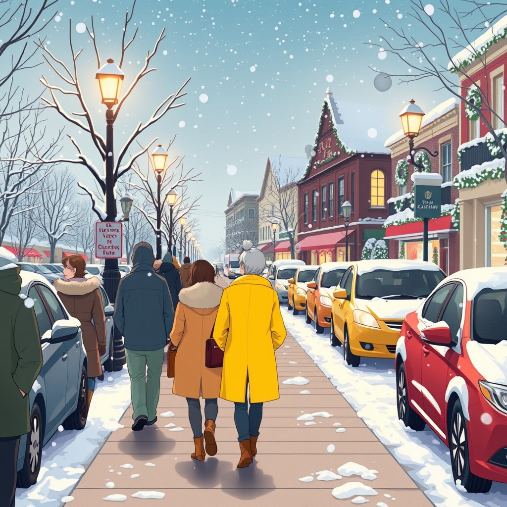 The image depicts a winter scene with snow-covered streets and parked cars. Pedestrians are walking along the sidewalk, and there is a person in a yellow coat among them. The scene is illuminated by streetlights, and the buildings in the background have Christmas decorations.22