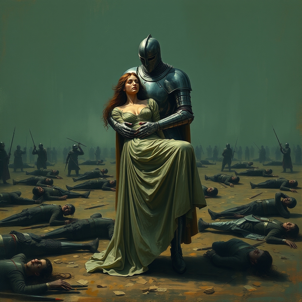 شوالیه ای کا بانوی زیبا که از گردنش خون می آید رو در دشتی که سربازانی زیادی مردن در دستانش گرفته 17