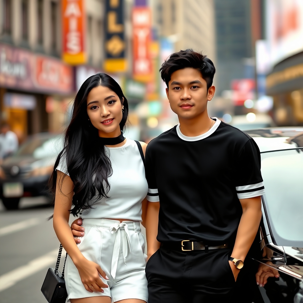 دختر پسری که لباس ست سفید مشکی پوشیدن وبه ماشین تکیه زدت و موی دختر مشکی بلند است ودر شهر شلوغ باشن13