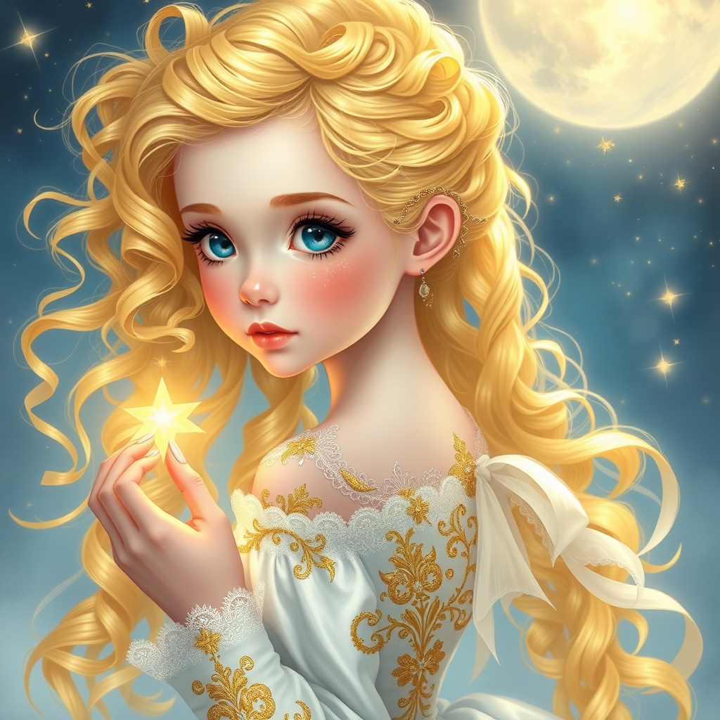دختر جوان زیبا ی رویایی با موهای بلند جعد دار زرد براق درخشان دارد وچشم های که مردمک دریا و اقیانوسی باشد درونشپر از شگفتی و با پوستی سفید نامعلوم صوری سفیدتر از برف و سفید تر از قرص ماه با گونه قرمز لبی سرخ با لباس یا به رنگ طلایی مهر و دامنی پفی و پشتش بی نهایت از تور های سفید که نه به آبی ختم میشن لباس یا پفی زیبا که باشکوه جهانی دارد و دختر با چهره که همه را در گیر خود میکند.دختر سر در ستاره های درخشان دارد و گویی ستاره ها با او سخن می گویند و او ستاره ای را در دست دارد و به آن نگاه می کند.7