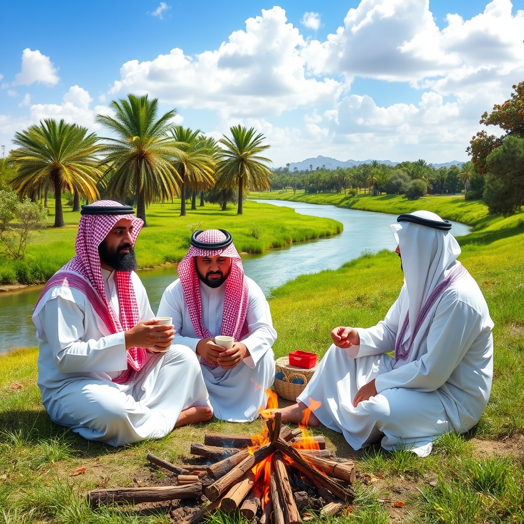 دو نفر عربستانی با دشداشه عربی و چفیه قرمز نشستن و اتش جلوشون روشن و درحال درست کردن قهوه  ویکی درحال چای خوردن در چمن زار سرسبز ک درختان نخل و خرما کنار درختان رودخانه بزرگ پراز اب صاف  و اسمون ابی روشن صاف پراز ابرهای سفید19