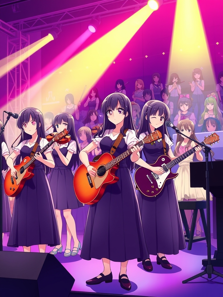 سه قلوهای موزیسین،سه قلوها،موسیقی،ویولن،گیتار،پیانو، یه گروه ارکستر که پر از نوازنده های موسیقی است که تعدادی گیتار می نوازند🎸 و تعدادی ویولن می نوازند 🎻 و یه نفر پیانو می نوازد🎹 و یه نفر خواننده است 👩🏻🎤 و میکروفن دستش است و که همه ی آنها دختر هستند و لباس های شبیه هم و صورتی مانند پرنسس ها پوشیده اند و موهای خیلی بلند و مشکی دارند و پشت سر آنها استیج است9