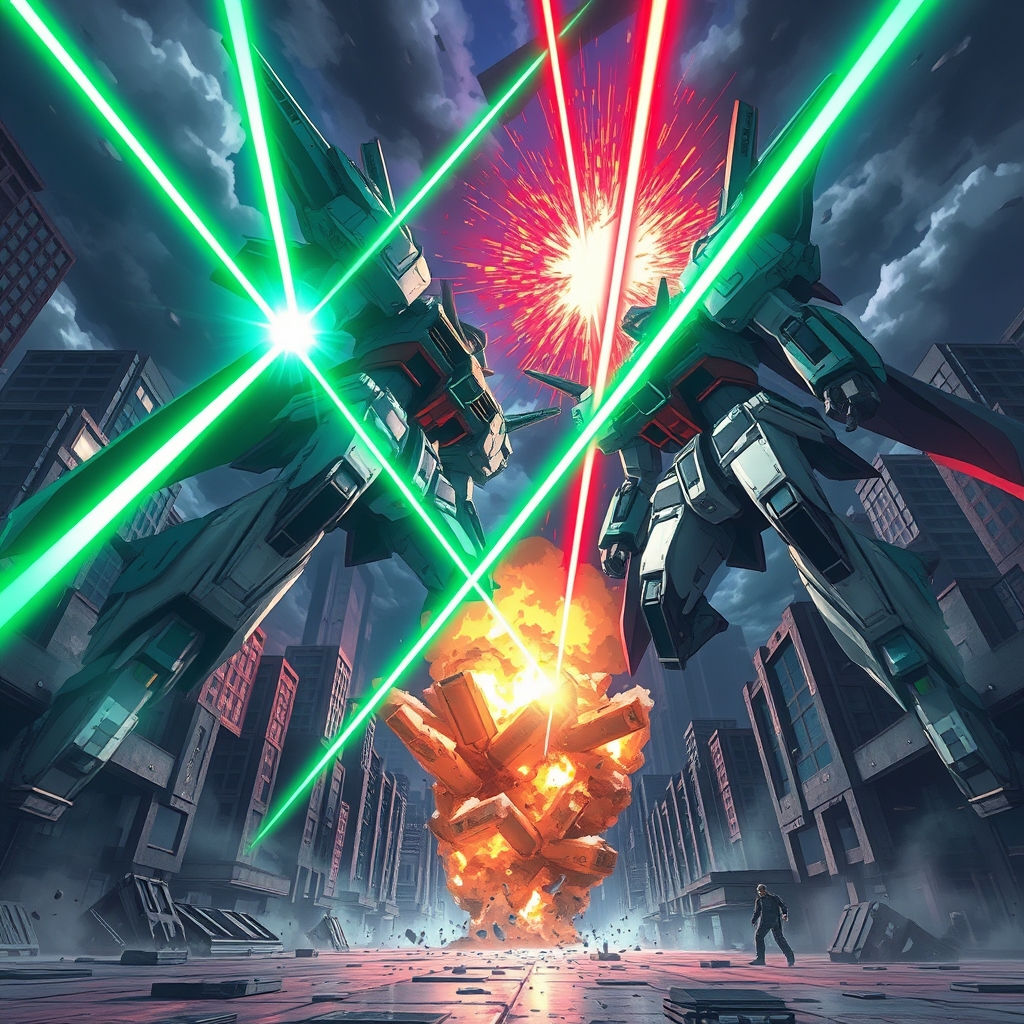 Battle of two giant robots in the middle of an anime city, explosions and green and red lasers, building debris, low angle view.3