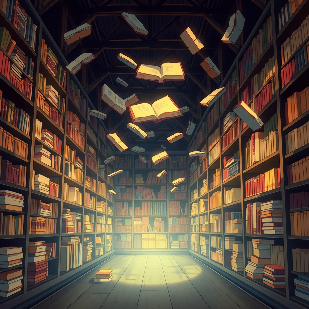 


یک کتابخانه خیالی با کتاب‌هایی شناور در هوا، روشن‌شده با نور طلایی.10