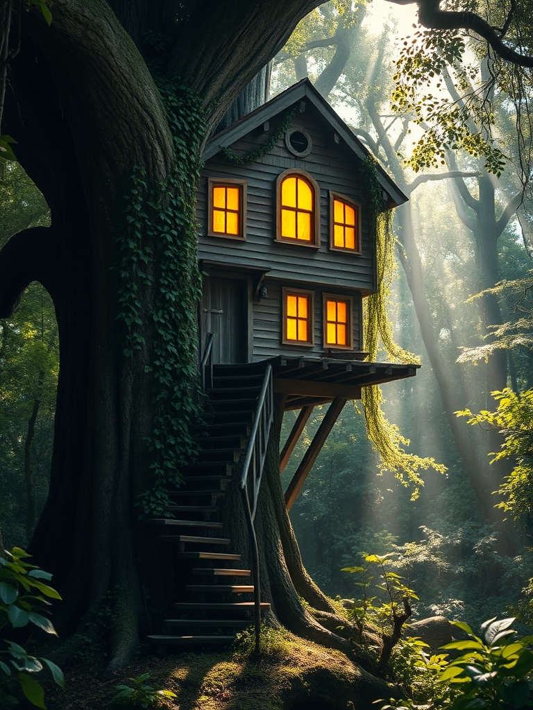 یک خانه درختی در جنگل با پنجره های زرد و راه پله4