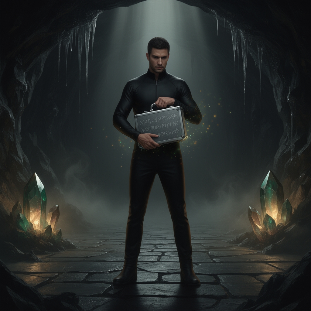 مردی با لباس سیاه رنگ در فضای زیرزمینی قرار دارد و کیف فلزی قفل دار در دستش است2