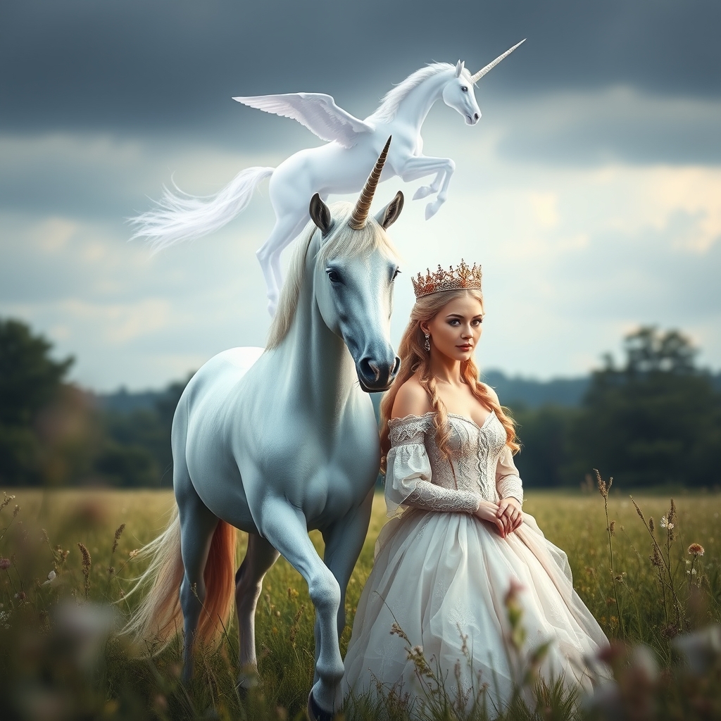 عکس تک شاخ بزرگ که ملکه ای که خوشگل که کنار هم ایستاده اند و شاهزاده و اشب تکشاخی که در حال پرواز در بالا سر آنها هستند16