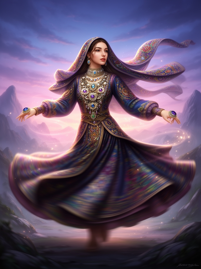 عکس دختر ترک اهل اردبیل بالباس خیلی خیلی شیک و مجلجی که لباس آذری هست و در حال دور خودش چرخیدن خیلی خیلی زیبا وبا ۴ عدد النگوی ترک مدل و دو انگشتر ترک مدل بزرگ صلا زن سی سال داشته باشد و روی سرش شال داشته باشد 0