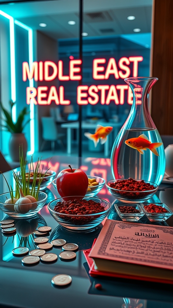 یه سفره نوروزی با جزئیات کامل و ظرفای شیشه ای که روش یه ظرف توش سبزه گندم کاشته شده و یک ظرف دو تا سیر توش هستش و  یک عدد سیب قرمز رومیز هستش و یک ظرف توش ۴ تا سنجد هستش و یک ظرف سماق قرمز هستش یه چند تا سکه نقره رو میز هستش و یه ظرف سرکه هستش و یه تنگ آب بزرگ که توش ماهی قرمز  شنا میکنه و آینه رومیزی شیک و یک کتاب قرآن رو میز هستش که در یک دفتر کار شیک و مدرن هستش که رو شیشه ویترینش نوشته املاک خاورمیانه17