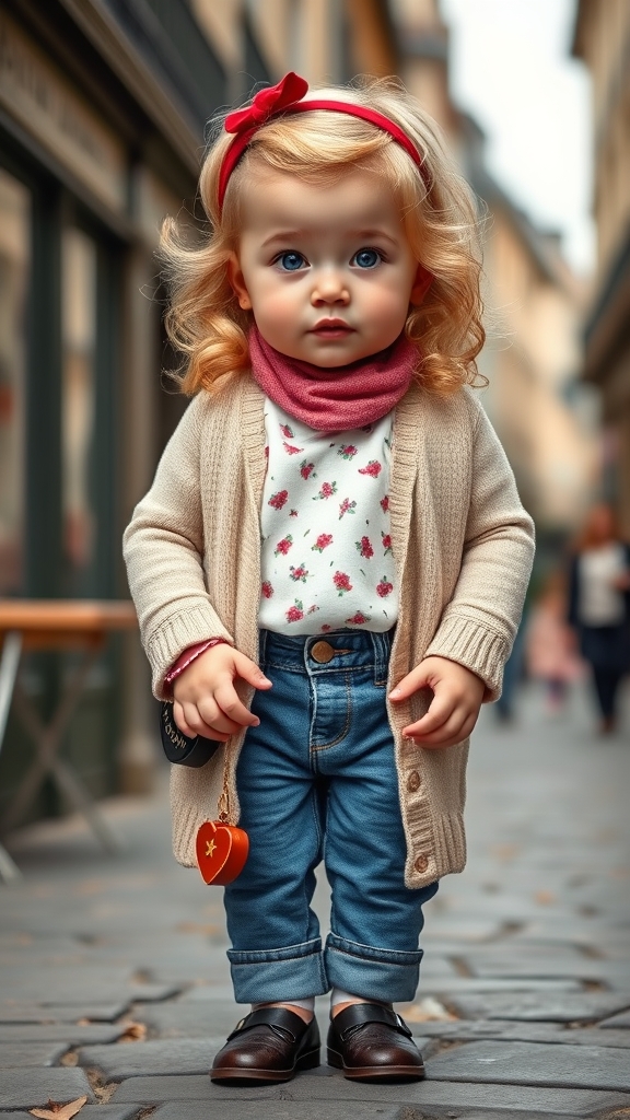 "یک دختربچه فرانسوی ۳ ساله با موهای موجدار بلوند روشن، روبان قرمز روی سر، چشمان آبی درشت و گونههای گلانداخته. لباس کلاسیک فرانسوی: پیراهن کتان گلدار سفید، جلیقه بافتنی بژ، شلوارک جین قلابدوزی یا دامن چیندار با شلواری توری. کفش مری جین مشکی یا صندل چرمی. کیف دستی قلبی، روسری صورتی، و دستبند ستارهای. در حال بازی با عروسک پارچهای یا نان باگت کوچک، با پسزمینهای از خیابانهای پاریس. پوست لطیف، واقعی باشه 0