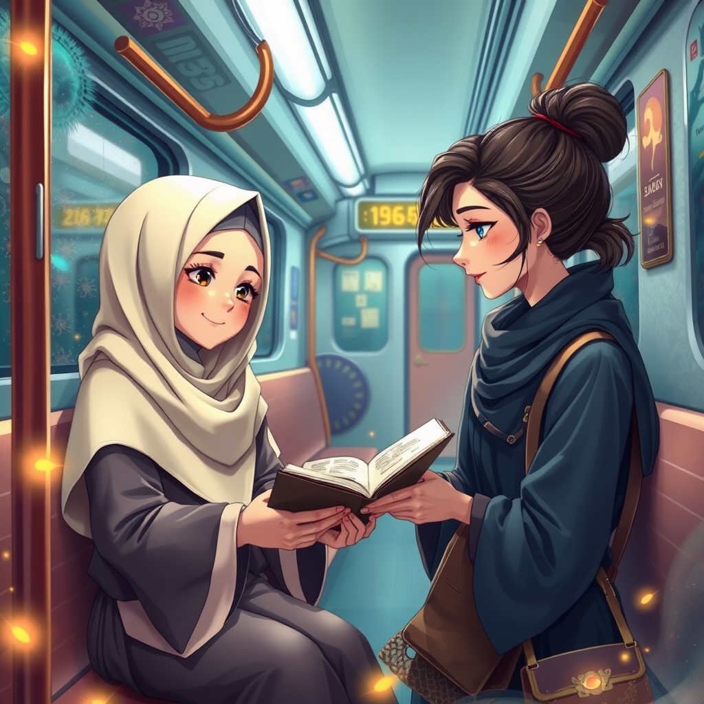گفتگوی یک دختر باحجاب با یک دختر بی حجاب داخل مترو قطار در حالی که یک کتابچه بین شان هست و مشغول صحبت درباره آن هستند15