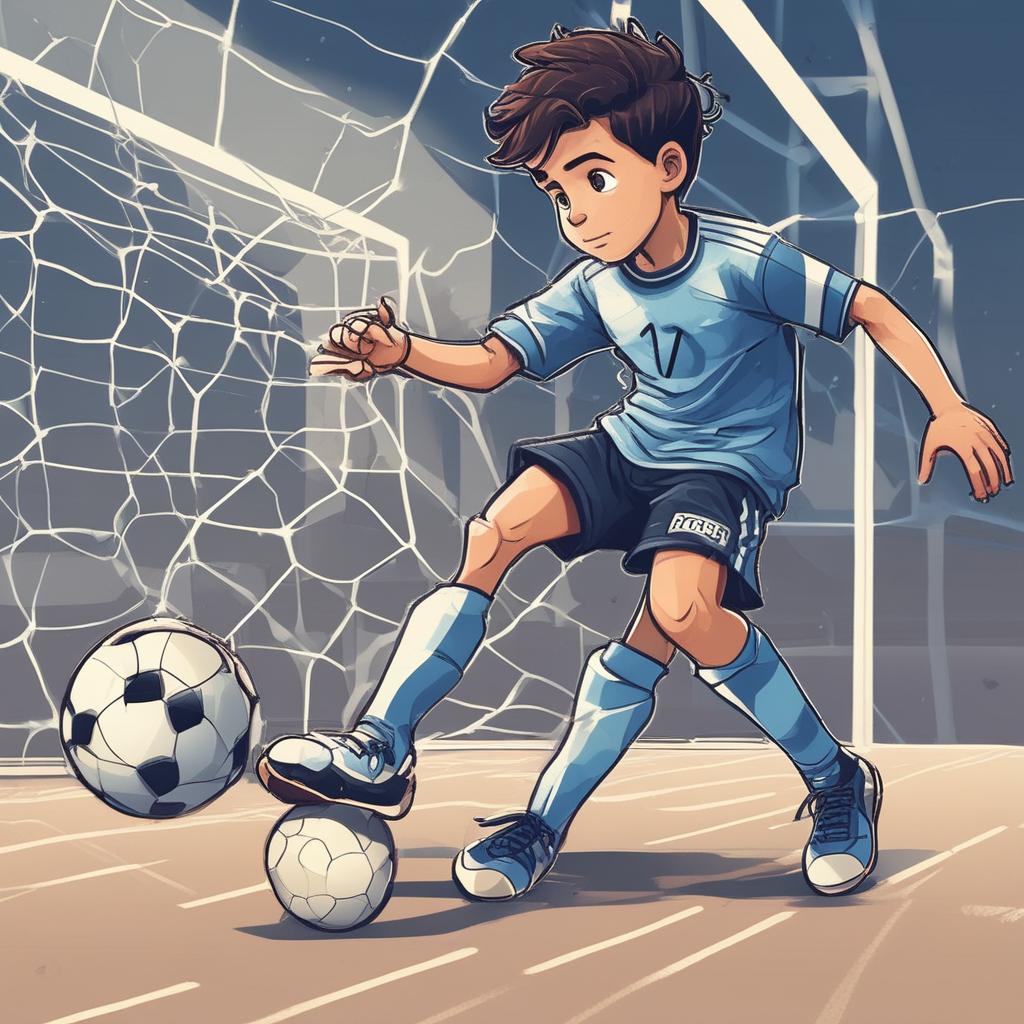 پسر بچه ای خوش تیپ با لباس ورزشی ابی و سفید در حال گل زدن در فوتسال21