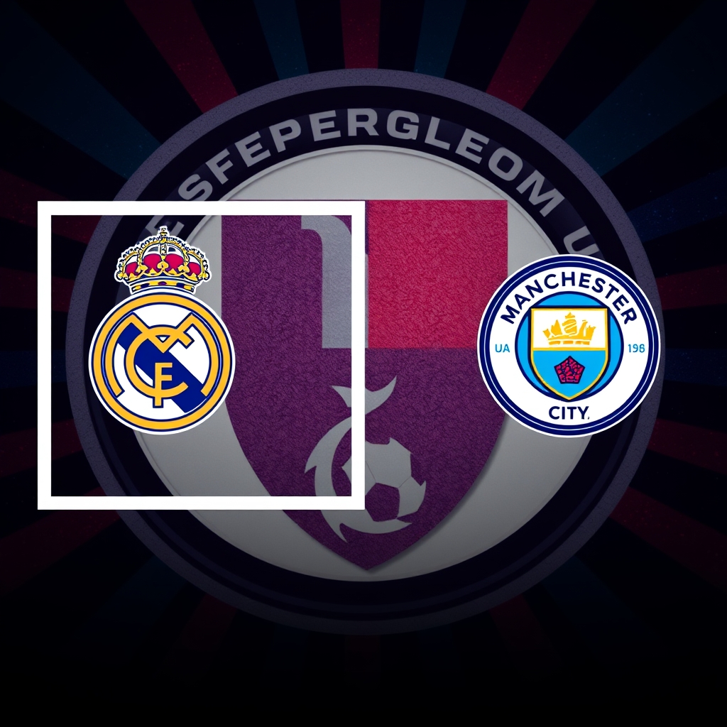 پرچم منچستر سیتی در راست، در وسط نوشته «VS» و در چپ پرچم رئال مادرید در کادر سفید است. پس زمینه فدراسیون فوتبال 1