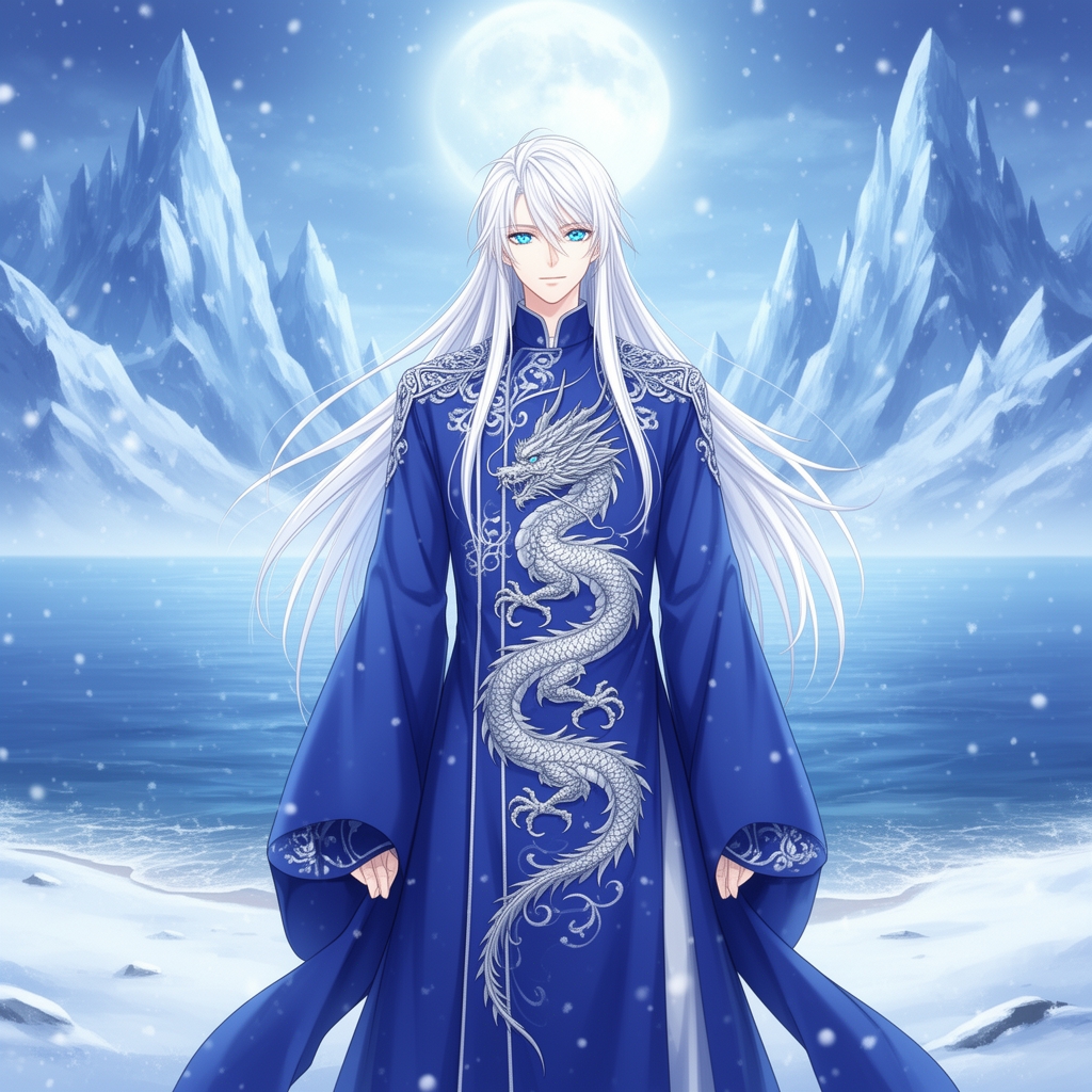 زیباترین مرد جوان در جهان حتی در رویایی که شکوه خدا را داشته باشد که نظیر آن در دنیا نباشد که همه از شدت زیبایی به او سجده کنند که با چشمان کریستالی آبی رنگ که در مردمکش دریا واقع شده است و با پوستی سفید همرنگ برف که با موهای سفید رنگ بلند که با لباس سلطنتی ابی که اژدهای نقرهای رنگی بر روی آن حکاکی شده باشد زیبایی باشد پشت سرش کوهستان یخی باشد و برف هم در حال باریدن باشد0