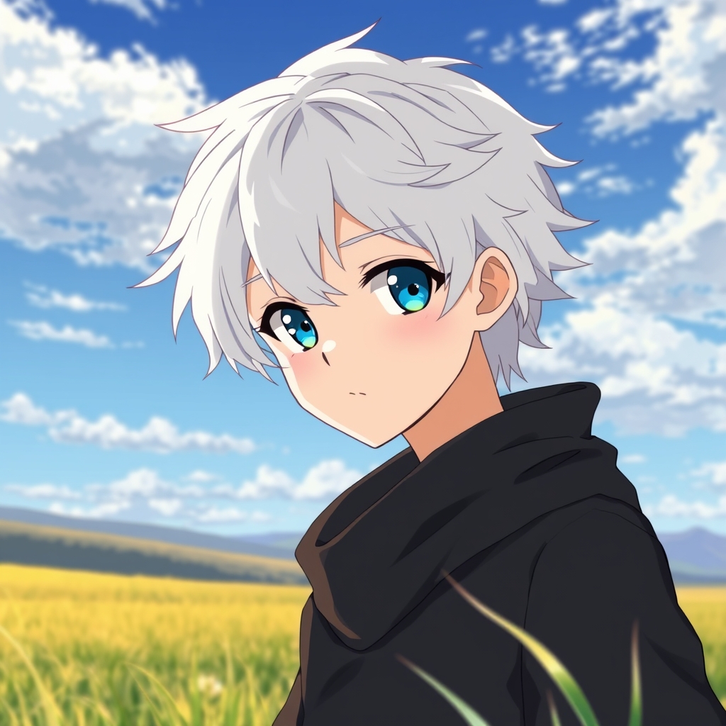 پسری با موی سفید چشم آبی وبسیار زیبا با لباس سیاه به اسم گوجو ساتورو در دشتی بسیار زیبا بزرگ سال زیبا 
0