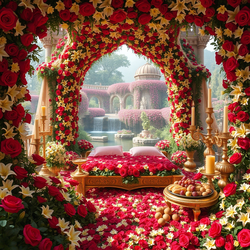 در باغی پر گل سرخ و لی لی یم زرد و سفید اطلسی شب بو
در و دیوار بلند آن پوشیده از گل سرخ لی لی یم زرد و سفید اطلسی و شب بو
زمین پر گل سرخ لی لی یم زرد و سفید اطلسی شب بو
وسط باغ
زیر تونل دراز و مسقف از گل سرخ و لی لی یم و اطلسی و شب بو
گوشه کنار رودها و آبشارها جاری ست
یک تخت خواب قرون وسطایی طلایی با کوسن صورتی پر شده با گل سرخ و لی لی یم حوله نرم و سفید
شمعدان های پر شمع گوشه کنار دیده می شود
و میز مجلل طلا
پر نان کره خامه عسل مربا باقلوا شیر گردو پسته آجیل
و میوه مثل انگور انار سیب خرما9