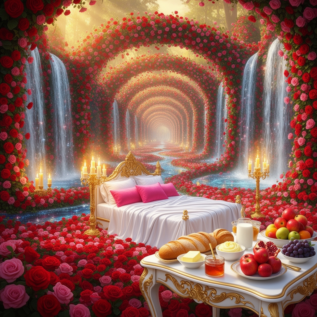 باغ گل رز سرخ و صورتی در و دیوار زمین همه جا سرتاپای باغ با رز سرخ و صورتی پوشیده شده
آبشاران جاری اند
رودها به هم می ریزند
زیر تونل دراز از گل رز سرخ و صورتی
یک تخت خواب سفید طلایی سلطنتی با کوسن صورتی و شمعدان های طلا پر شمع
یک میز سفید و طلایی مجلل صبحانه
پر نان کره خامه عسل مربا شیر میوه سیب انار انگور روزت مبارک3