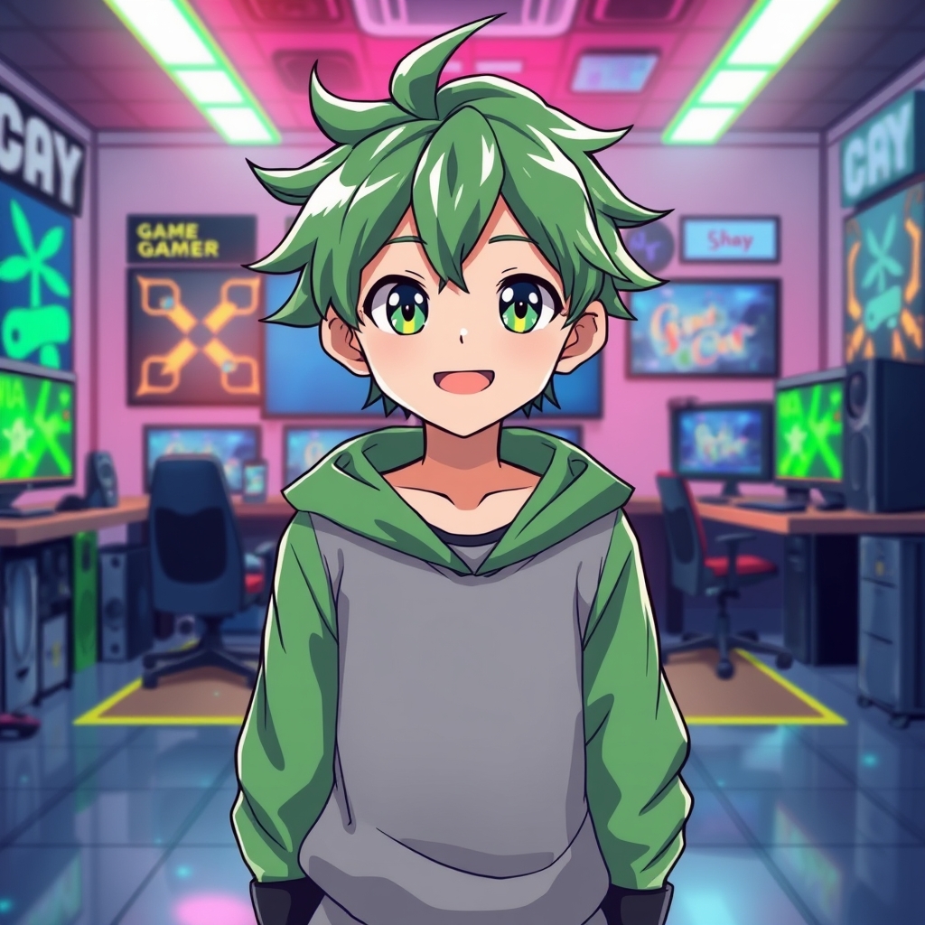 یه پسر انیمه ای بساز که ماینکرافتی باشه موهای سبز داشته باشه و لباسش سبز باشه و پشتش اتاق گیمینگ باشه23