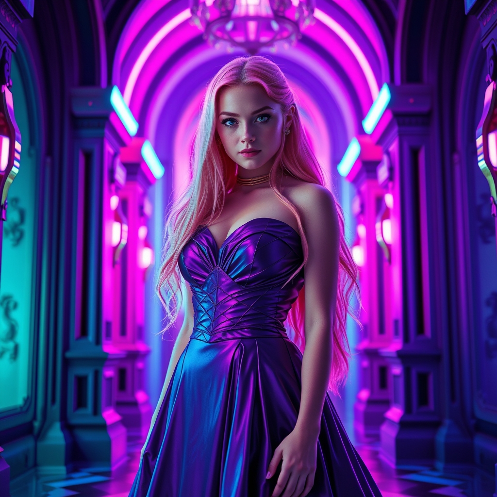 دختر ۱۸ساله بالباس دامنی بنفش سلطنتی و موهای بلند صورتی و چشم بنفش در قصر بنفش 13