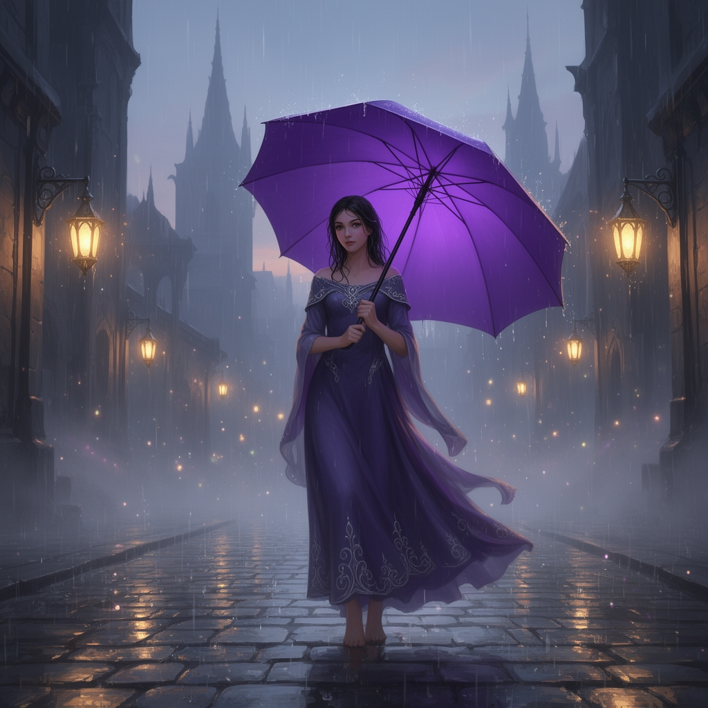 یه دختر با یک چتر بنفش که داره بارون میباره 0
