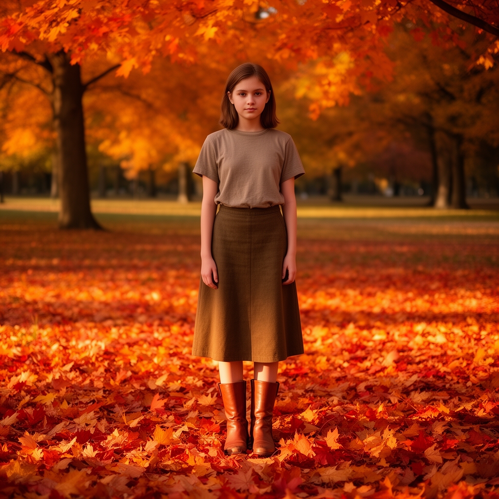 یک دختر با دامن و تاپ و بوت در جایی که برگ پاییزی هست4