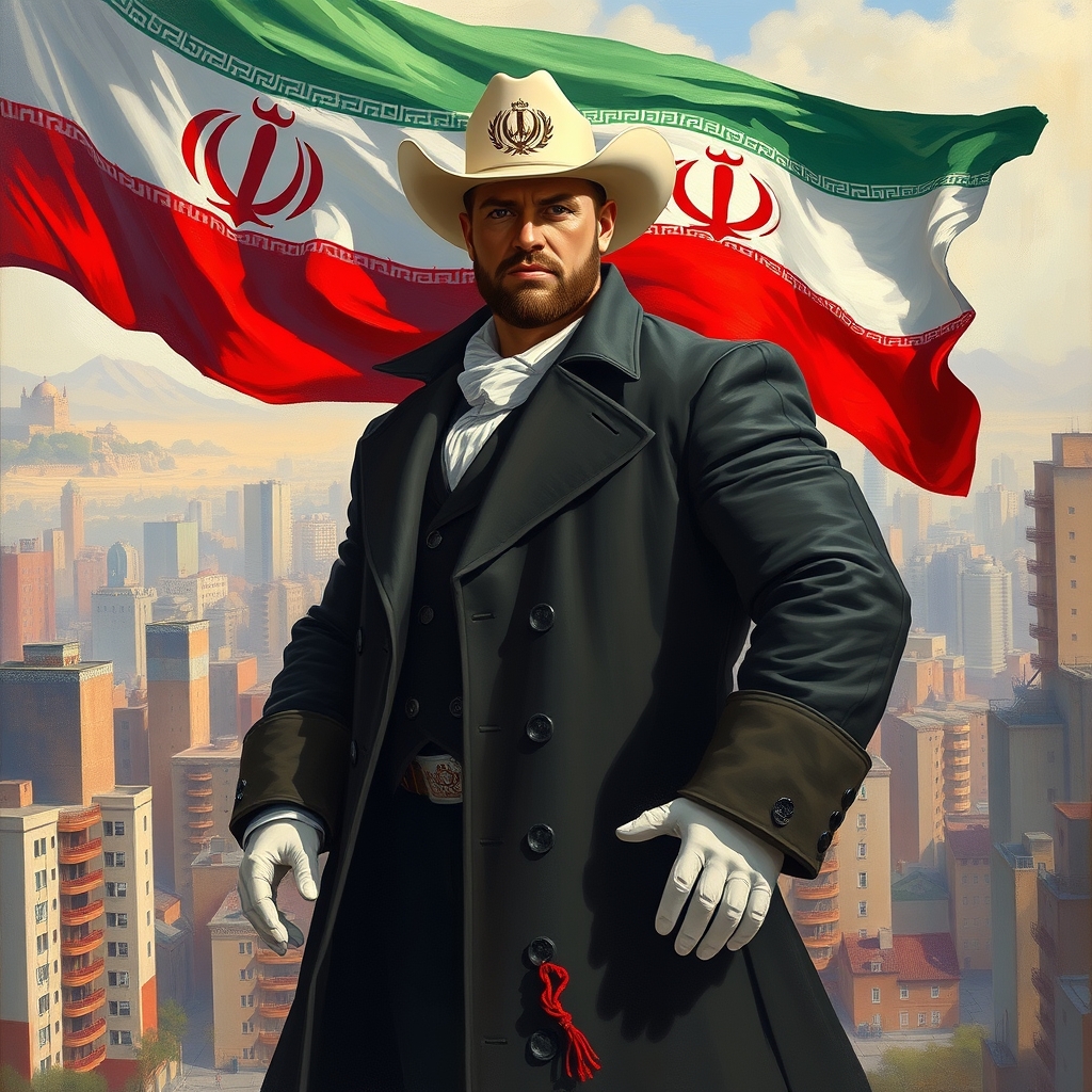 یک مرد خش هیکل با کت بلند و کلاه کابویی مارک دار شاهنشاهی و دستکش ست سفید سفید  در کنار پرچم ایران در کنار یک برج عظیمو تشبیه به برج میلاد در شهر زیبا و آپارتمان تمانی مرد بدون ریش کلاسیک



21