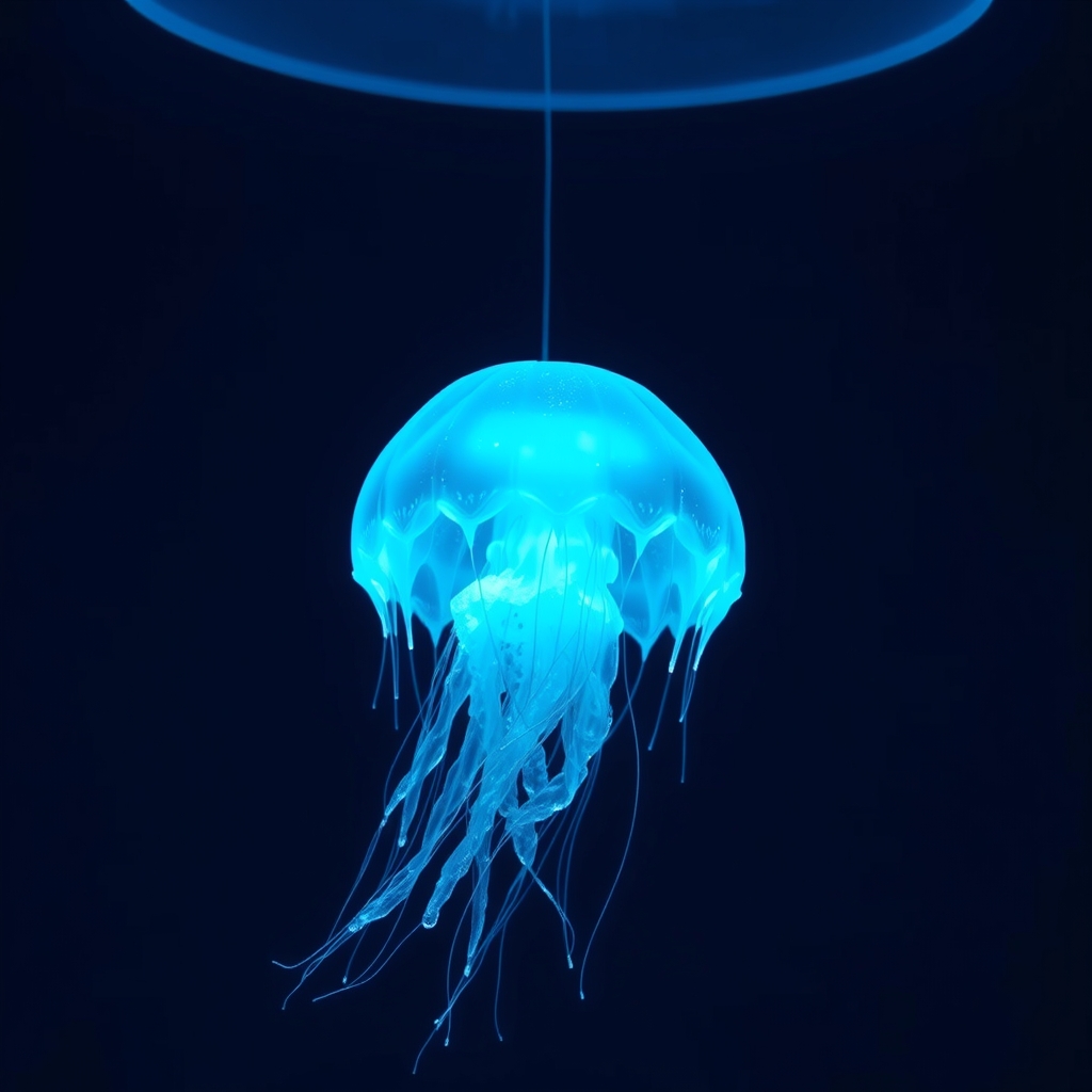 یک عروس دریایی شفاف شناور در هوا، که به نرمی در یک اتاق تاریک می‌درخشد.4