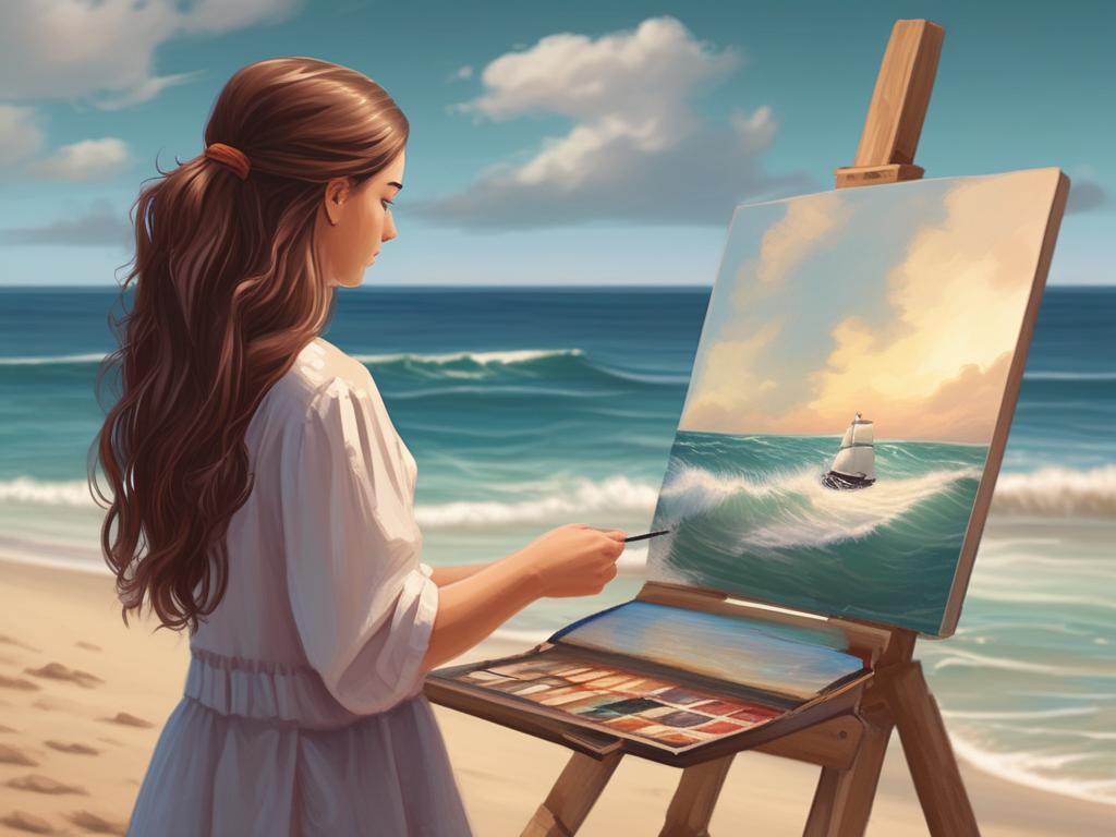 یه دختر که موهای بلند داره کیوت هست و داره نقاشی دریا رو در ساحل میکشه روی بوم1