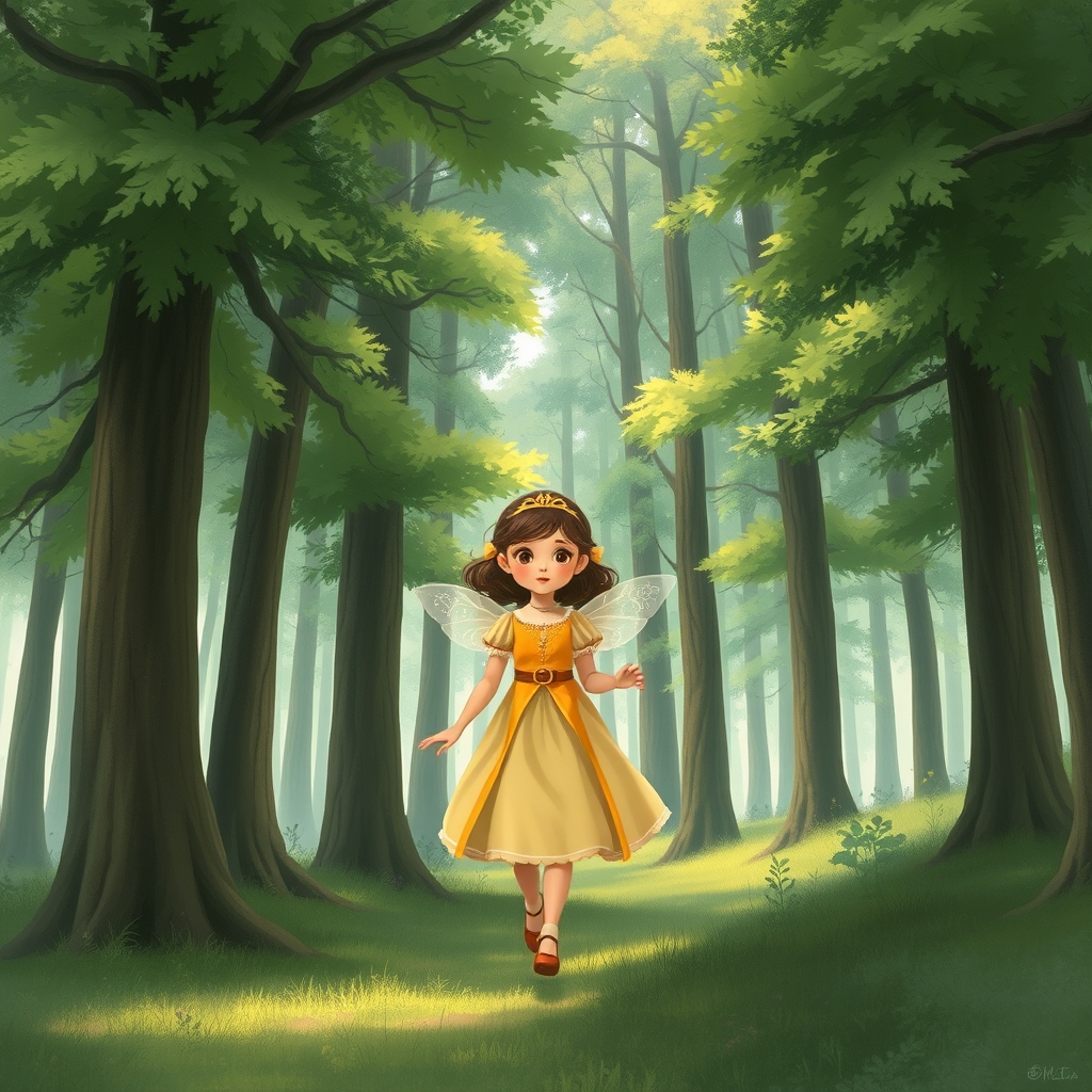 یه جنگل بسیار زیبا با درختان بلند و سرسبز و یک دختر بچه با لباس پرنسسی زرد و سفید و با بال های شفاف در جنگل قدم می زند23