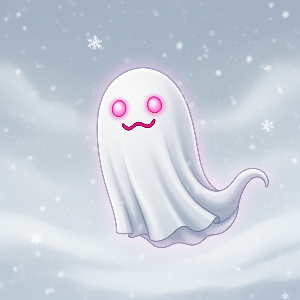 عکس یک روح کارتونی شبیه همان پتوی سفید که در آخرش انحنا دارد و چشم صورتی و دهان کج صورتی در هوای برفی شبیه روح های در کارتون 4