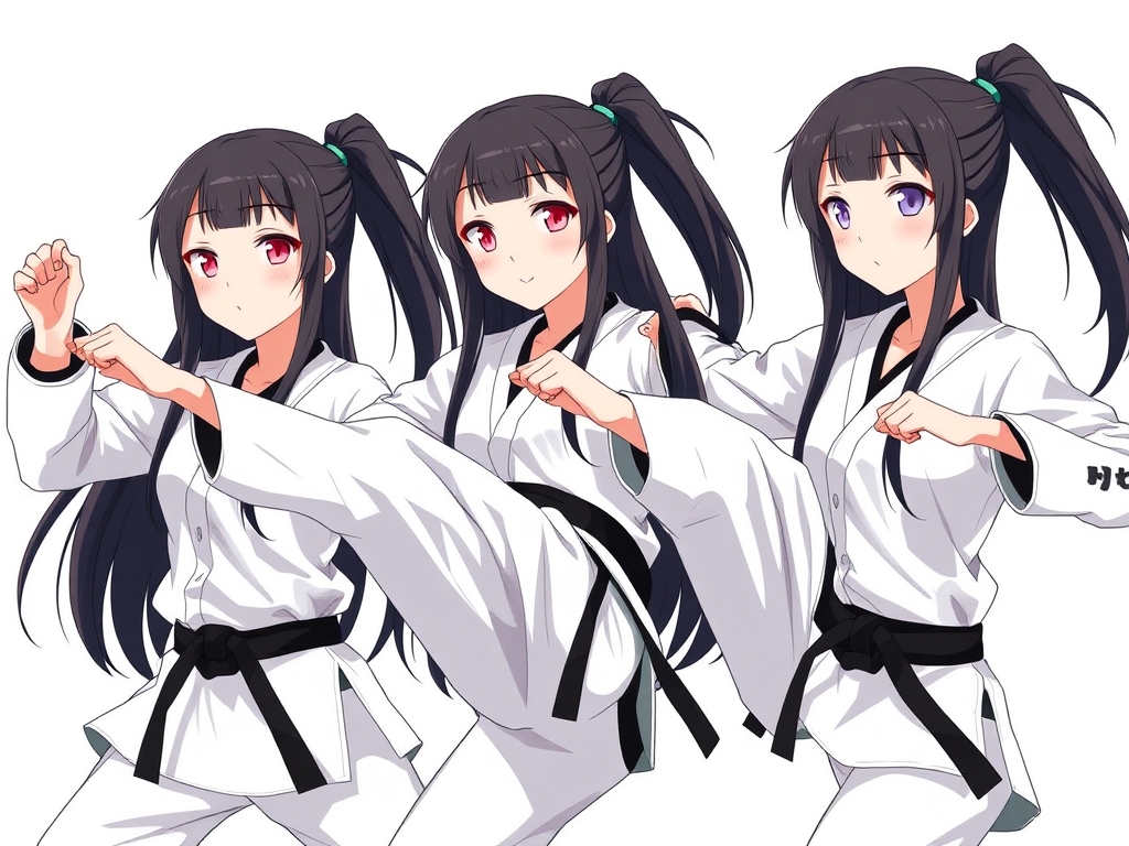 عکس سه تا دختر تکواندو کار که در حال زدن ضربات پا هستند و شبیه به هم و مو های خیلی بلند و سیاه دارند و چشم های صورتی و لبخندی ملایم و لباس تکواندو پوشیده اند و کمربند مشکی دارند 22