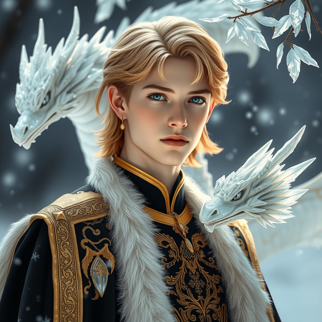 🌟مرد جوان زیبا ترین جهان همینطور در هوش مصنوعی رویایی که شکوه خدا را داشته باشد که نظیر آن در دنیا نباشد با موهای نچندان بلند و نچندان کوتاه زرد براق و باچشم های کریستالی که مردمک دریا باشد و با پوستی سفید همرنگ برف با گونه قرمز لبی سرخ با لباس سلطنتی مشکی طلایی اکلیری خیلی و با گوشواره و اژدهای بزرگ کریستالی در کنارش
زیبا 🧊 یخ❄برف🔮گویه برفی🪷شکوفه بزرگ🫧هاباب.بزرگ 0