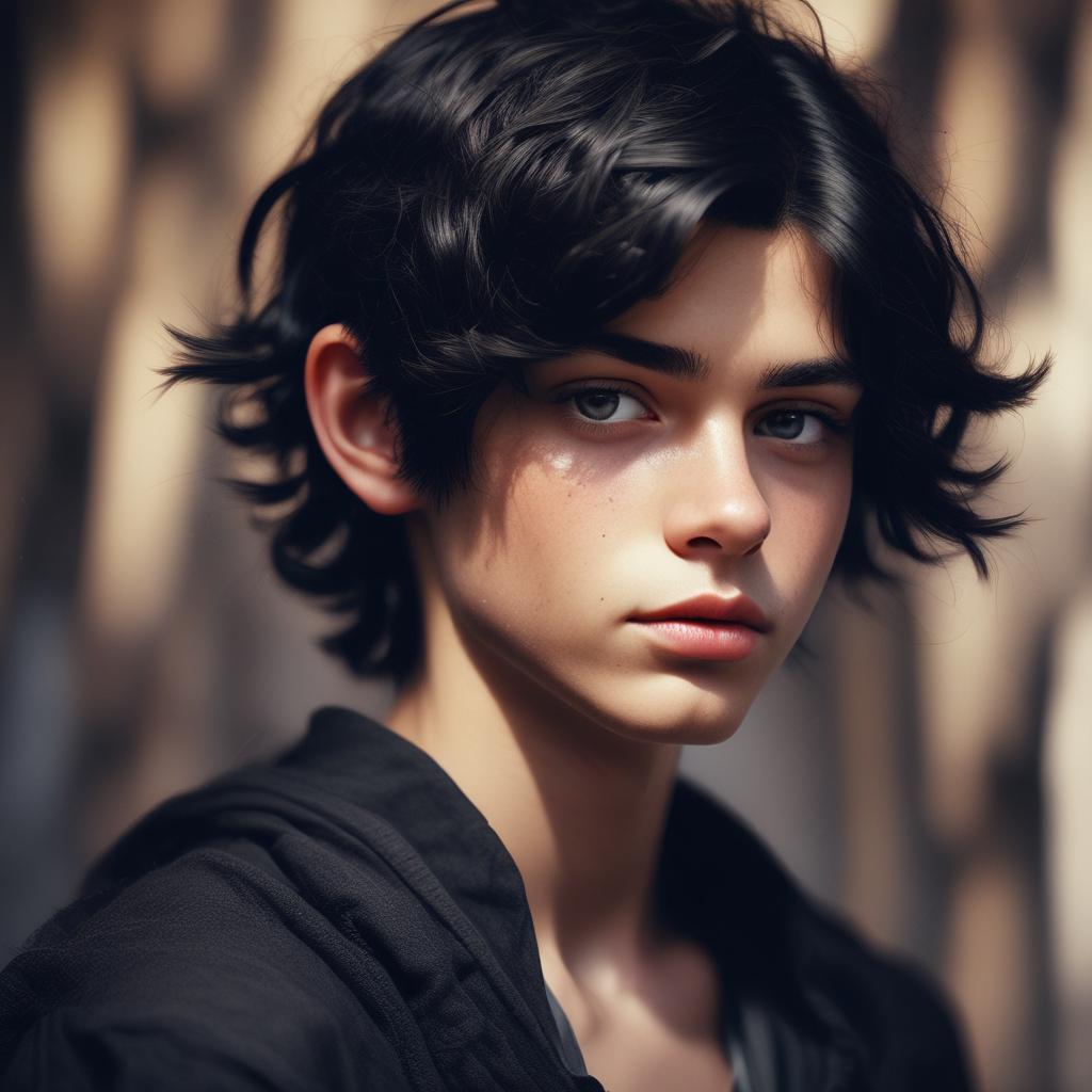 پسری با موهای مشکی حدود ۱۸ ساله با چشمانی زیبا و لباسی سیاه پوشیده 4