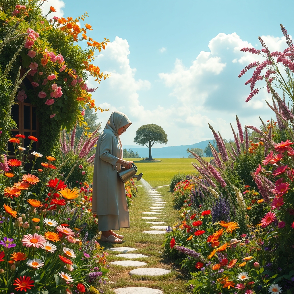 تصویر یک باغ که پر از گل و گیاه است و یک درخت در نمایی دور و وسط آن باغ قرار دارد، هوا آفتابی و گرم است و فردی در حال آب دادن به باغ است3